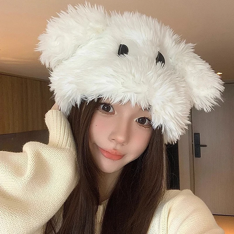 Cute Cartoon Big Eyes Funny Puppy Plush Pullover Hat Female Autumn Winter Warm Thick Long Ear Protective Hat 4