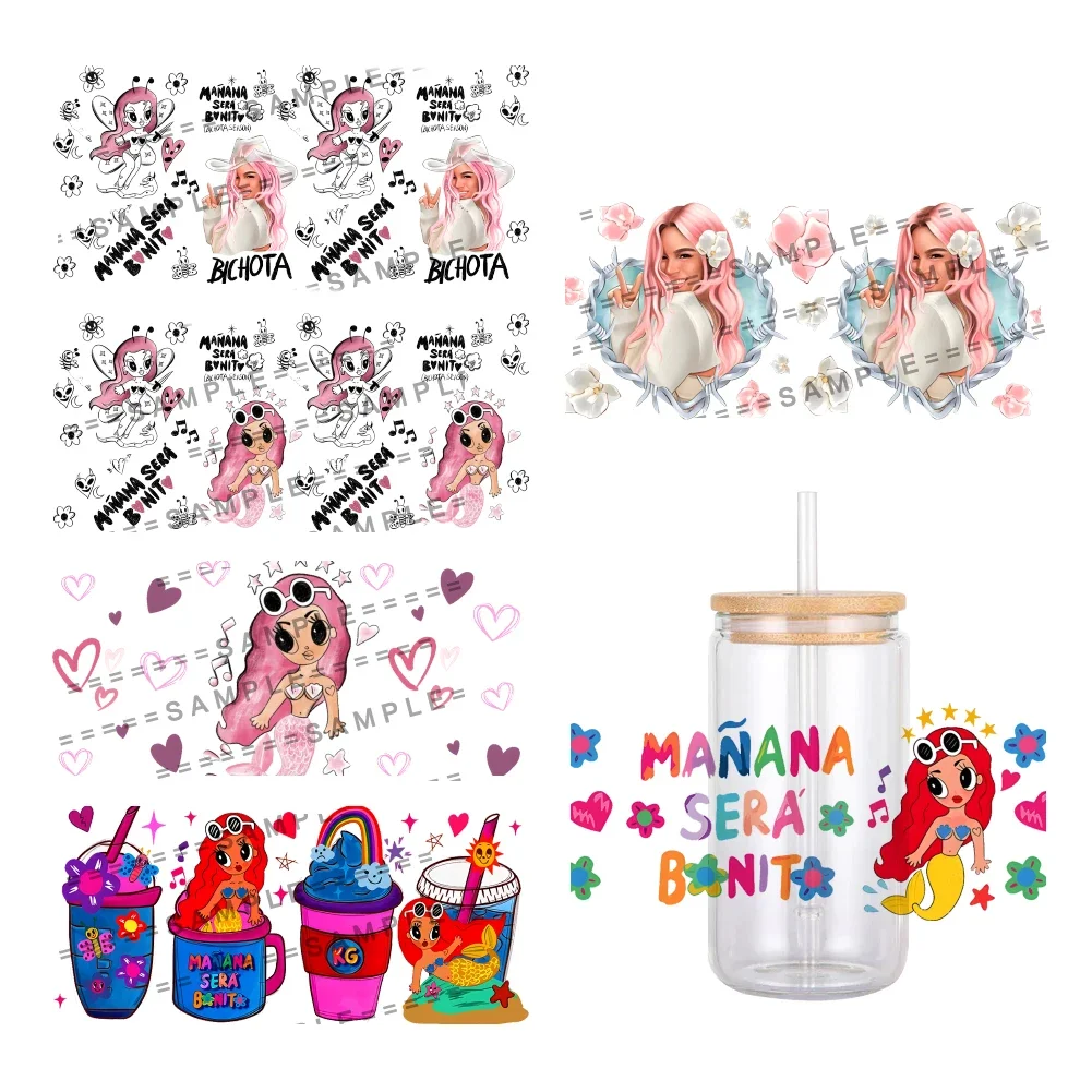 Cartoon Red Hair Karol G Pattern UV DTF Transfer Sticker Waterproof Transfers Decals 16oz Glass Cup Wrap Stickers