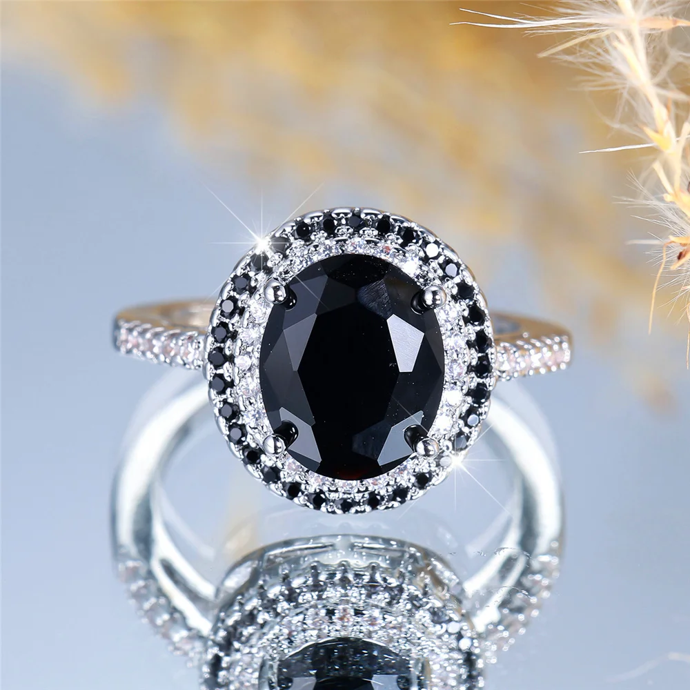 Luxury Crystal Black Zircon Stone Oval Rings For Women Vintage Silver Color Wedding Band Bridal Jewelry Engagement Gift