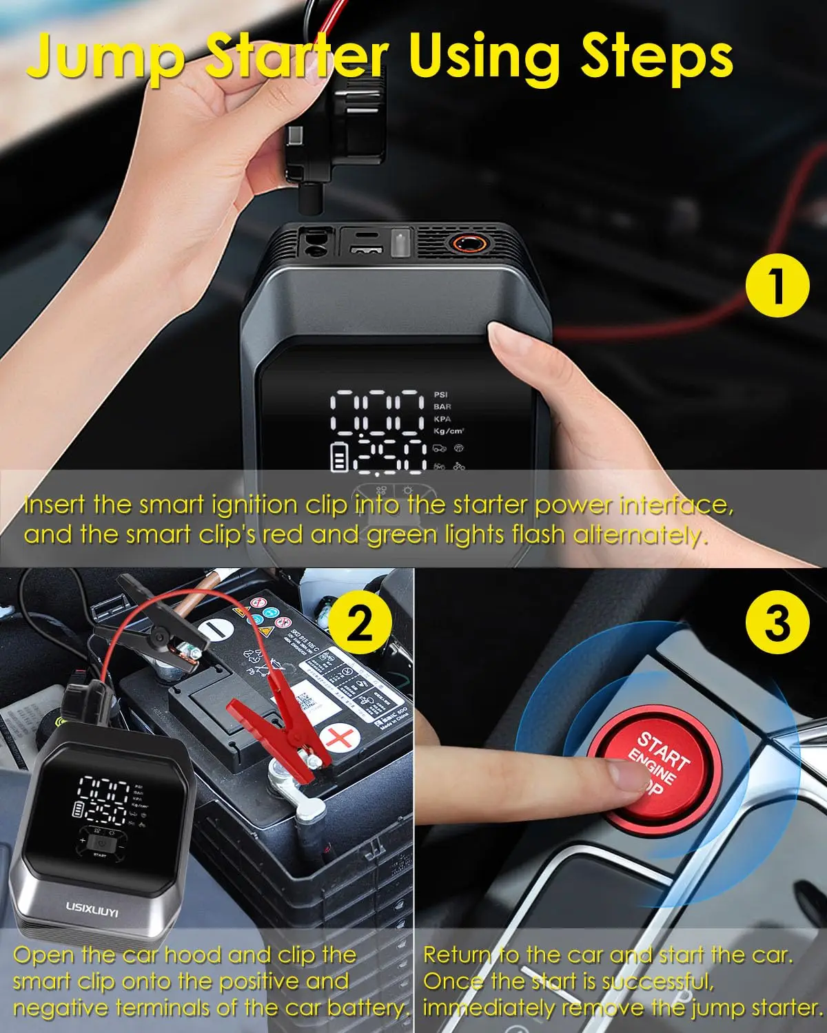 Portable Car Jump Starter with Air Compressor, Tire Inflator 8000mAh Battery Booster for 3.5L Gas /4.0L Diesel Engine 12V