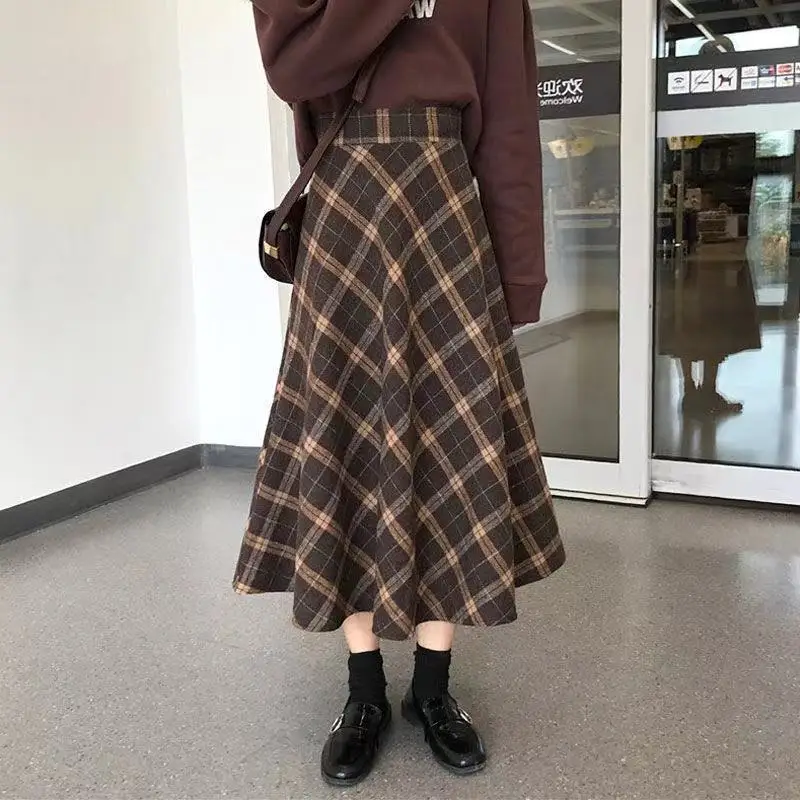 Tweed Plaid Skirt Women Fall Winter New Loose Vintage England Style Mid Length High Waist Package Hip A-line Long Skirt Female