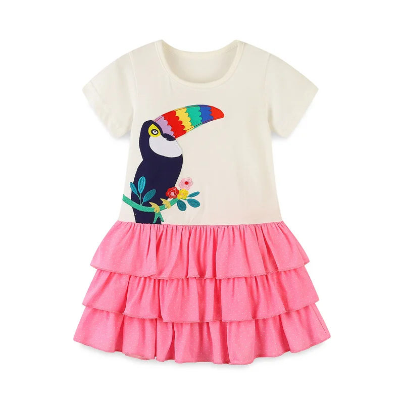 

Jumping Meters 2024 Princess Girls Dresses Birds Embroidery Short Sleeve Cotton Toddler Baby Frocks Kids Costume Layer Dress