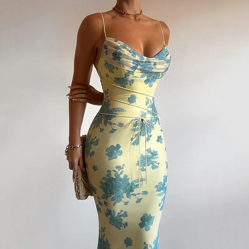 

Summer Pattern Print Hip Wrap Sling Dress Female Sleeveless Slim Party Dresses Sexy Off Shoulder Backless Spaghetti Straps Dress