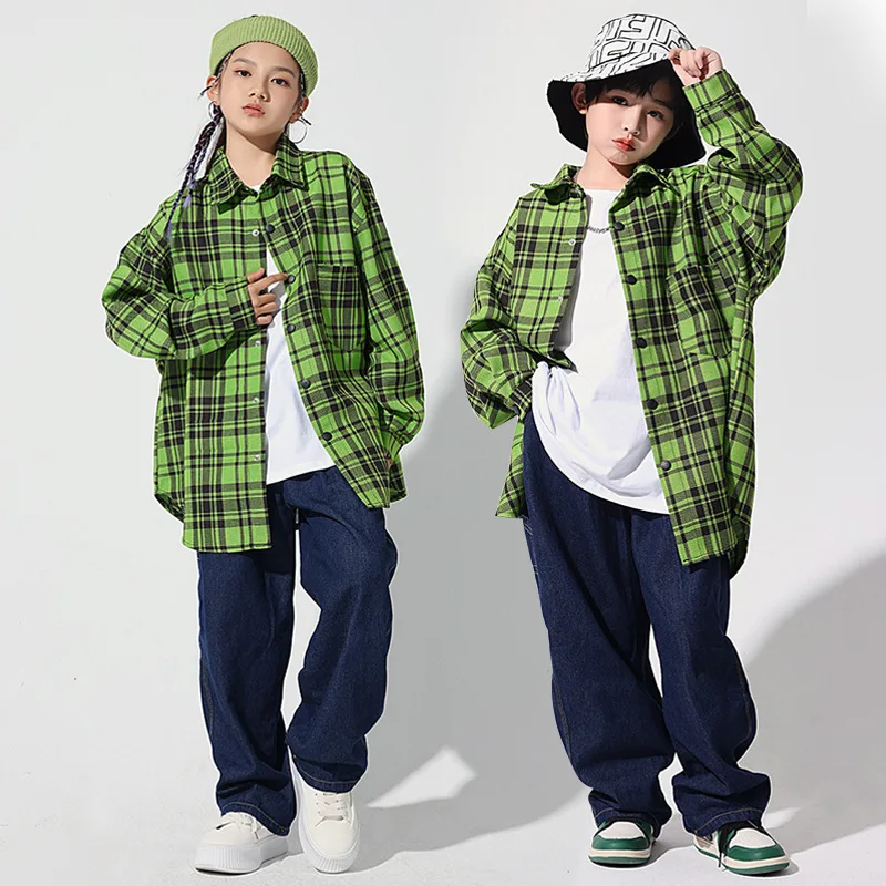 

Teen Girls Hip Hop Clothes Green Plaid Shirt Jeans Set Jazz Dance Costume Kpop Outfit Children Rave Festival Clothing