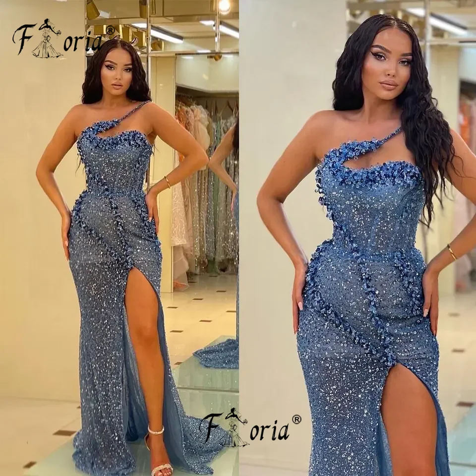 

Blue Halter Long Mermaid Evening Dress Sequined Crystals Sexy Slit Prom Dresses Aso Ebi Women Formal Party Gowns Custom Made