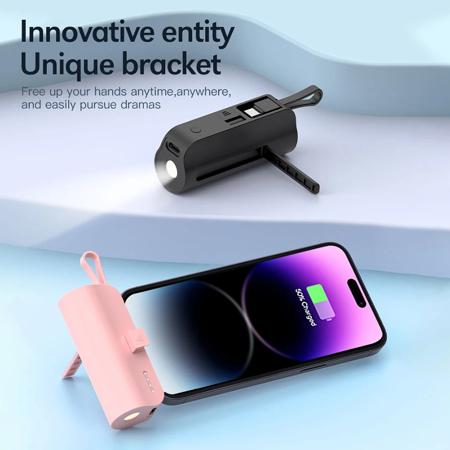 Mini portable mobile phone charger 5000mAh mobile power supply, built-in cable charging, built-in LED light, built-in bracket function, compact and compact, suitable for mobile phones, headphones, speakers 4