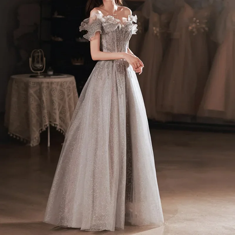 Elegant Gray Flowers Evening Dress Off Shoulder Shiny A-line Ruched Lace Up Woman Formal Party Prom Gowns New vestido de festa