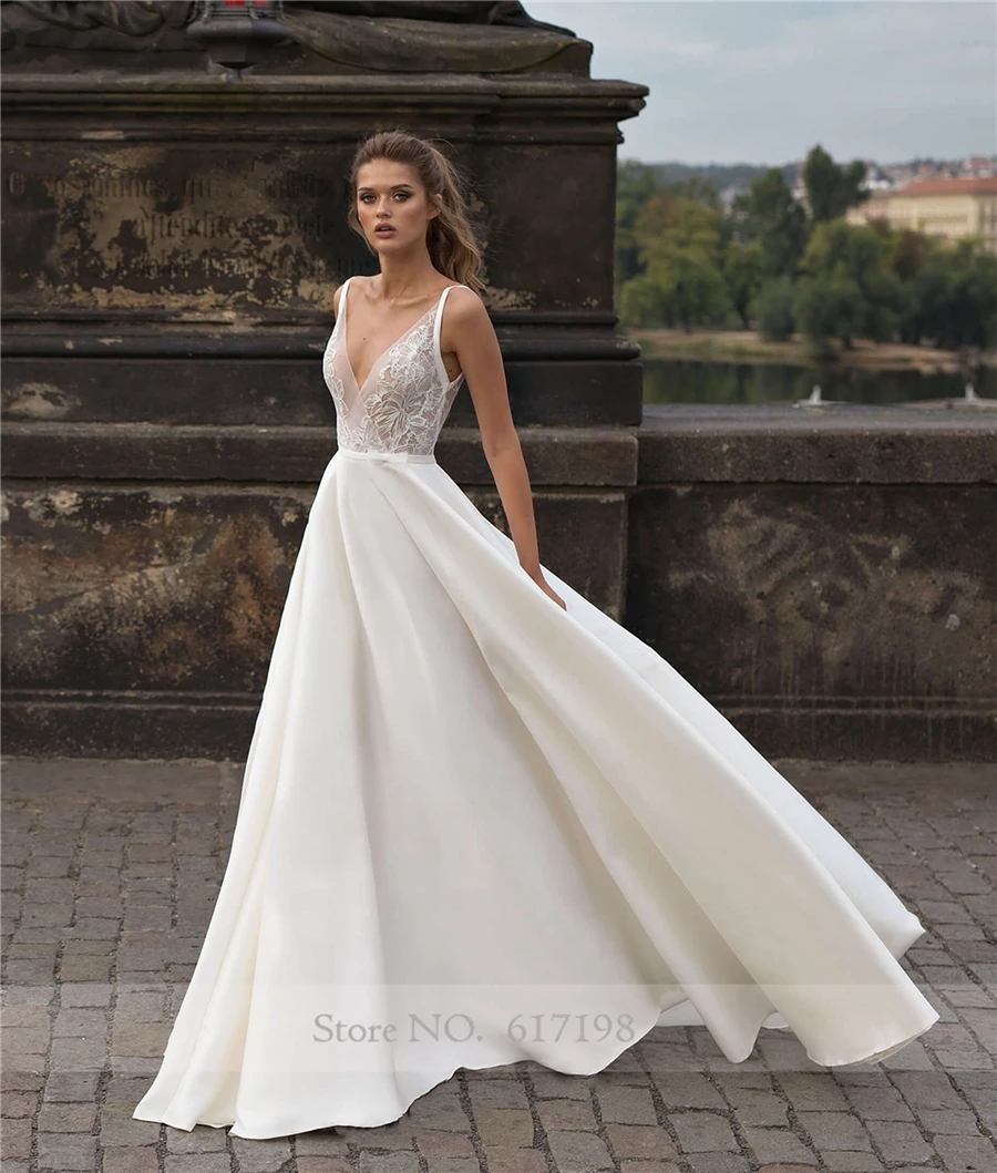 affordable wedding dresses V-neck Sheer Bodice Wedding Dresses Ivory Elegant A-line  Open Back Sweep Train Bridal Dress vestido de novia encaje bridesmaid dresses