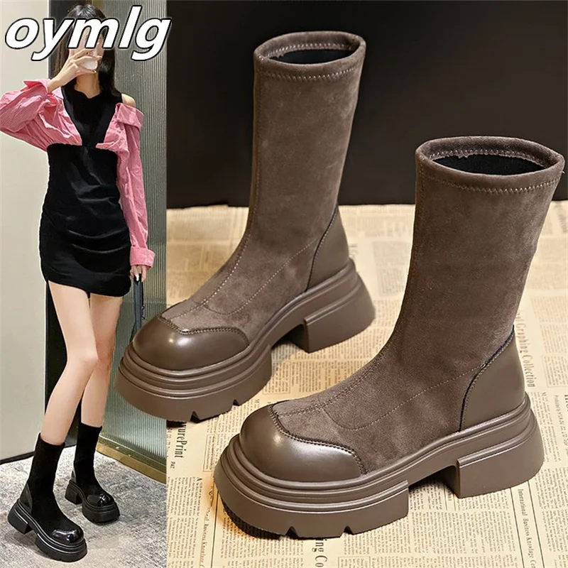 Fashion Elastic Women's Boots 2023 Winter New Vintage Versatile Slim Thick Heel Short Heel High Heel Slim Boots