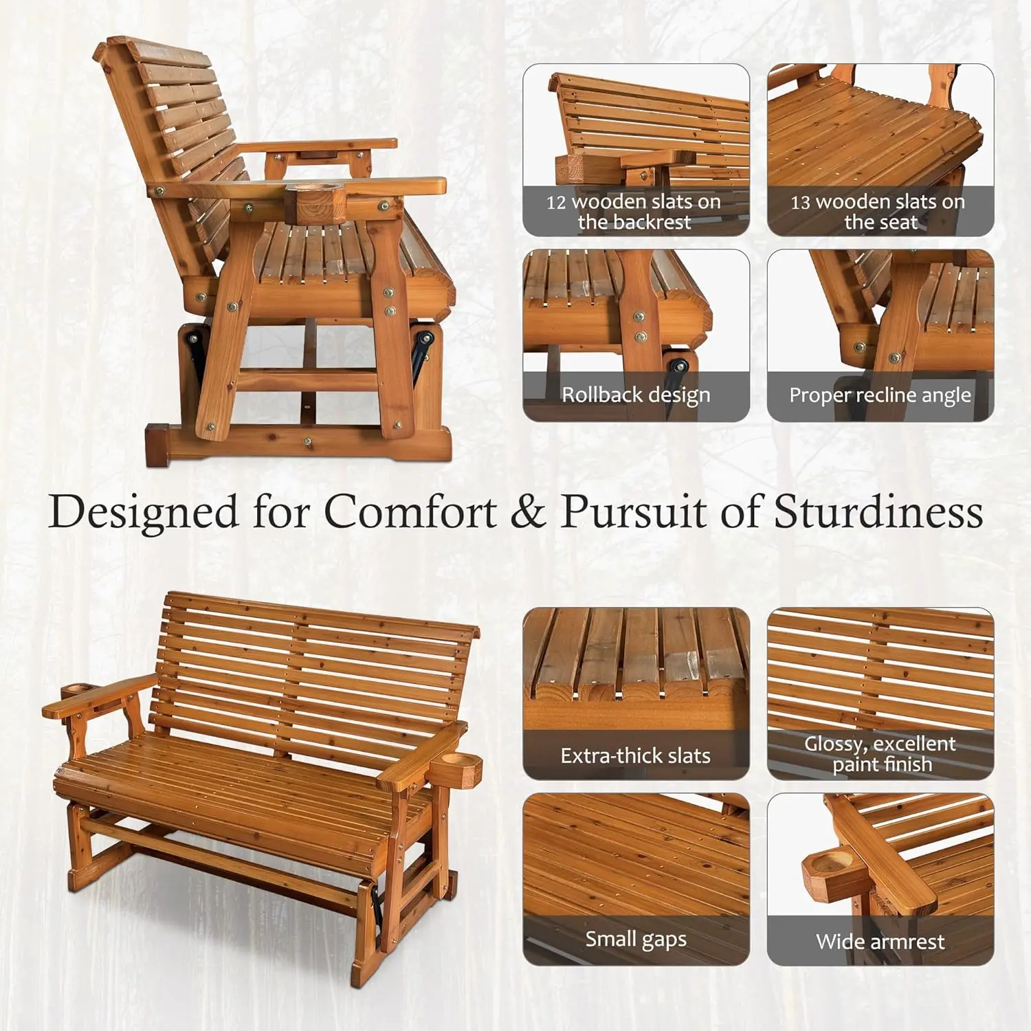 Patio Glider with Cup Holders, High Roll Back and Deep Contoured Seat,Heavy Duty 800 Lb (Cedar Tone, 2-Seater)  furniture 5