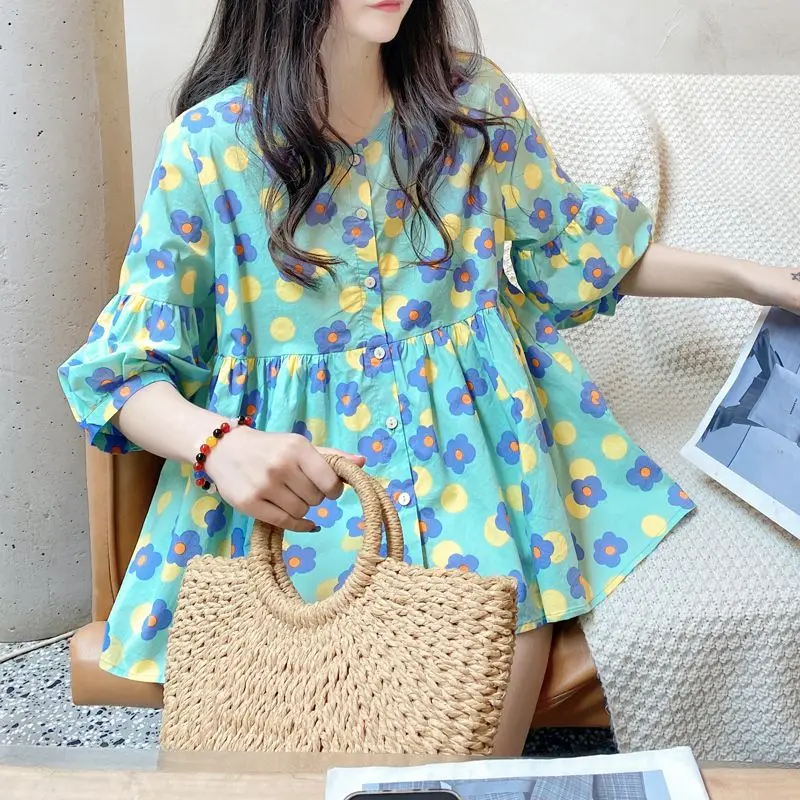 Summer New Round Neck Fashion Half Sleeve Shirt Women High Street Casual Loose Button Cardigan Sweet Printing All-match Blouse