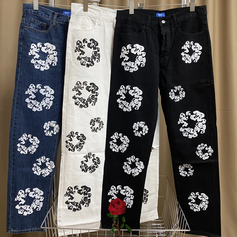 

American High Street Vintage Fashion Brand Denim Tears Pants Kapok Print Straight Loose Comfort Jeans Trousers