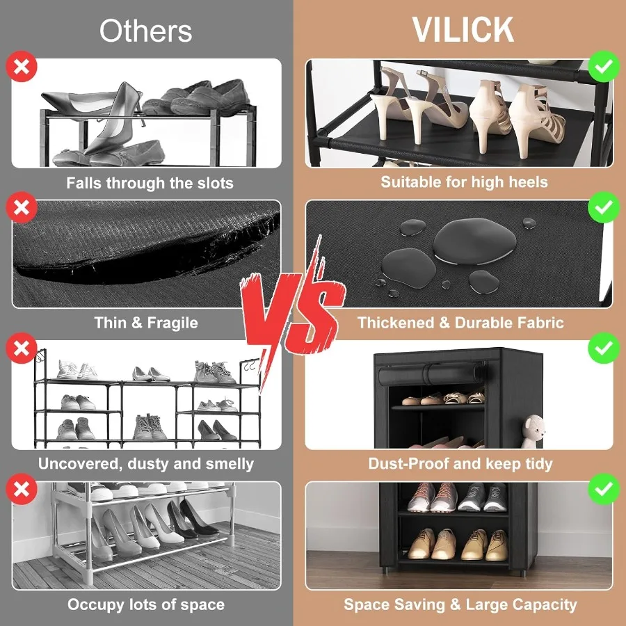 Shoe Rack with Cover Narrow Shoe Organizer with 4 Side Pockets 10 Tier Tall Shoe Storage Holds 1822 Pairs Shoes and Boots Shoe
