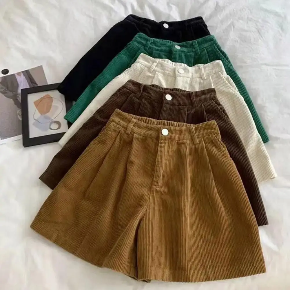 Vintage Corduroy Women Shorts Elastic High Waist Button Zipper Fly Shorts Pockets Wide Leg Short Pants harajuku black high waist button a line casual shorts women 2022 spring summer new shorts loose slim retro wide leg short pants