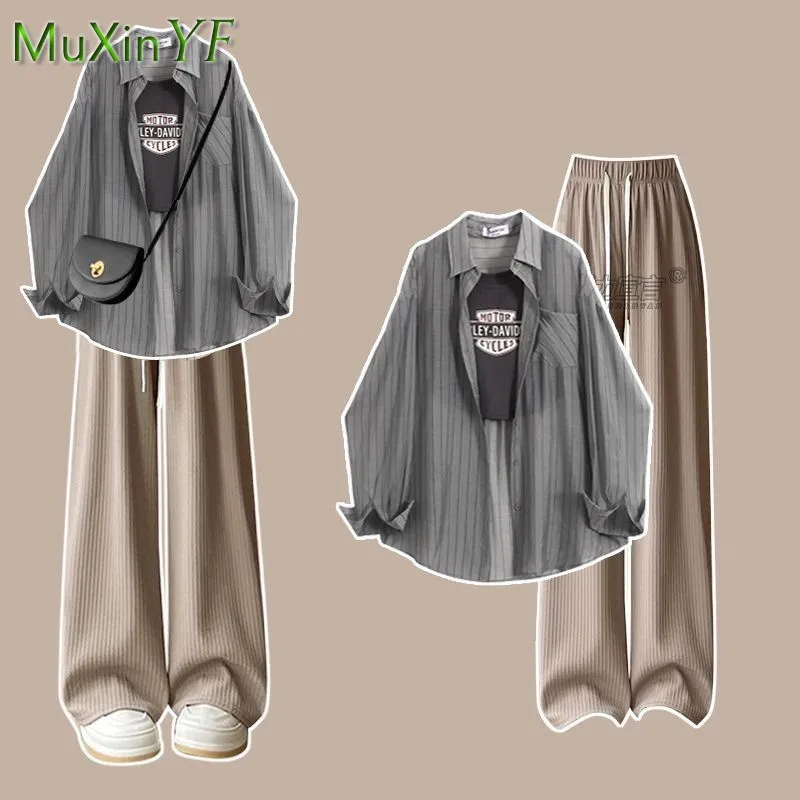 Women's Summer New Casual Tracksuit Matching Set Korean Elegant Chiffon Sunscreen Shirt+Vest+loose Wide Leg Pants 3 Piece Suit