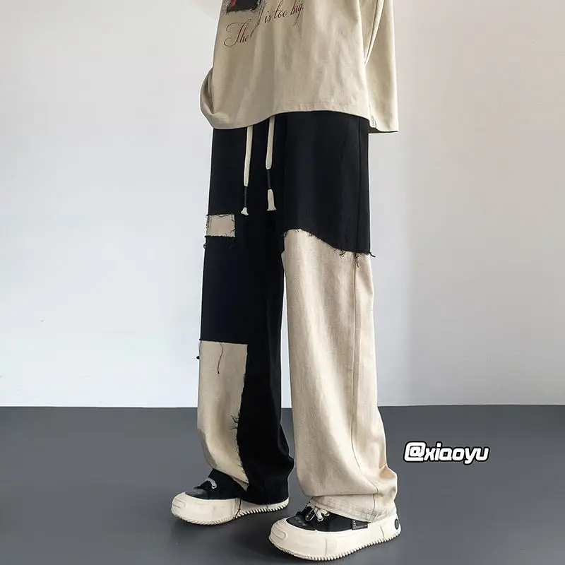 Autumn Winter Elegant Fashion Harajuku Slim Fit Ropa Hombre Loose Casual All Match Straight Leg Wide Leg Pants Patchwork Pants