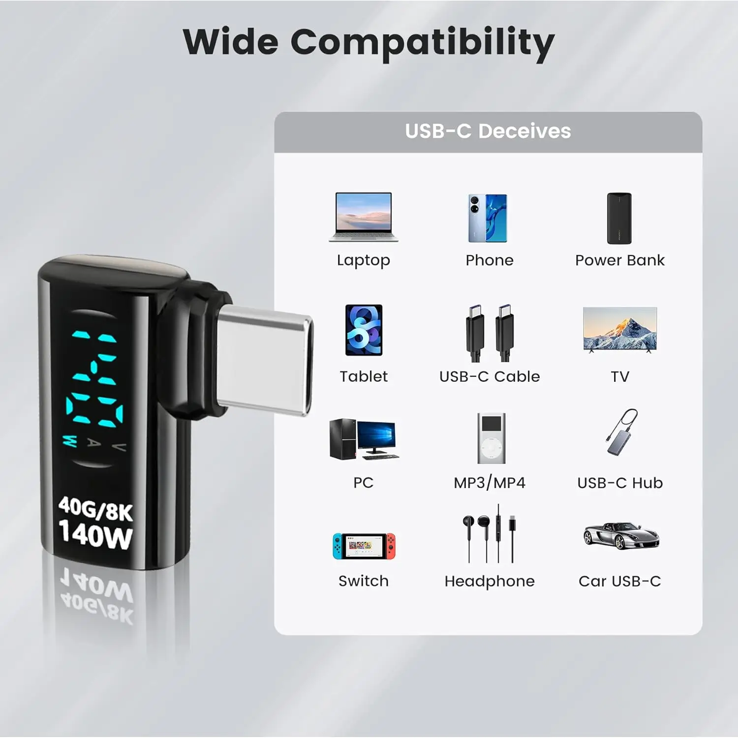 스마트 디스플레이가 탑재된 타입-C to 타입-C 어댑터, 140W PD 충전, 아이폰 16/프로/맥스, 아이패드 프로 및 기타 USB-C 기기용