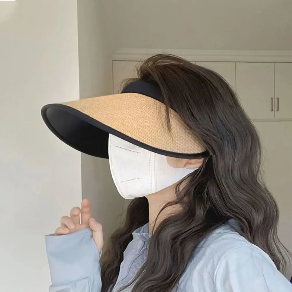 자외선 차단 빨대 모자, 넓은 처마 해변 모자 바이저, 빈 상단 모자, 스위트 UV 차단
