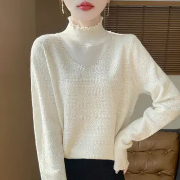 Maglione cardigan a collo alto in pizzo Base maglione lavorato a maglia alla moda jacquard autunno e inverno per donna 1