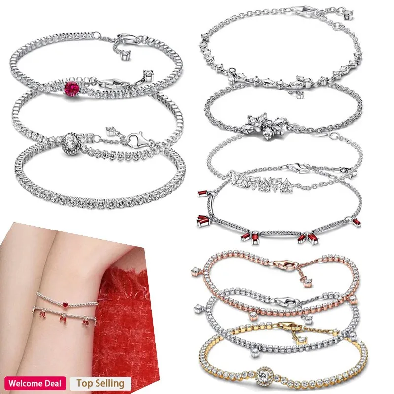 

2023 New Popular Women's 925 Silver Shining Zircon Tennis Logo Bracelet For Original Women's Charm DIY Jewelry Gift