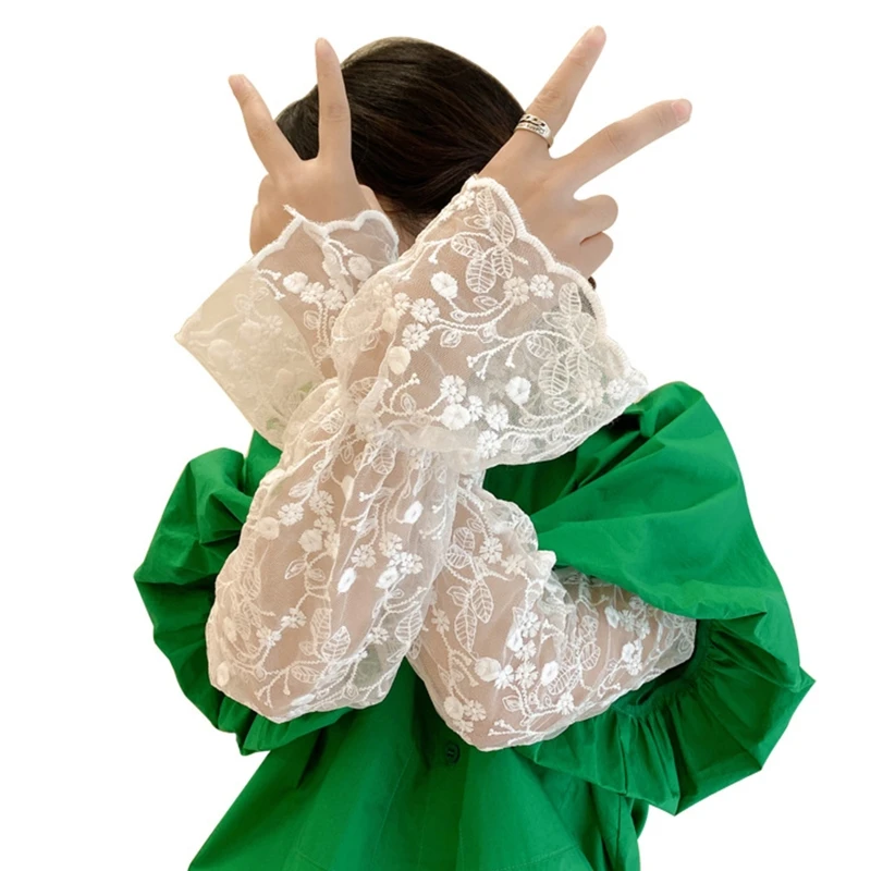 

1 Pair Female Arm Sleeve Mittens Long Fingerless Driving Gloves Elastic Lace Summer Mesh Tulle Covered Sunscreen Sleeves