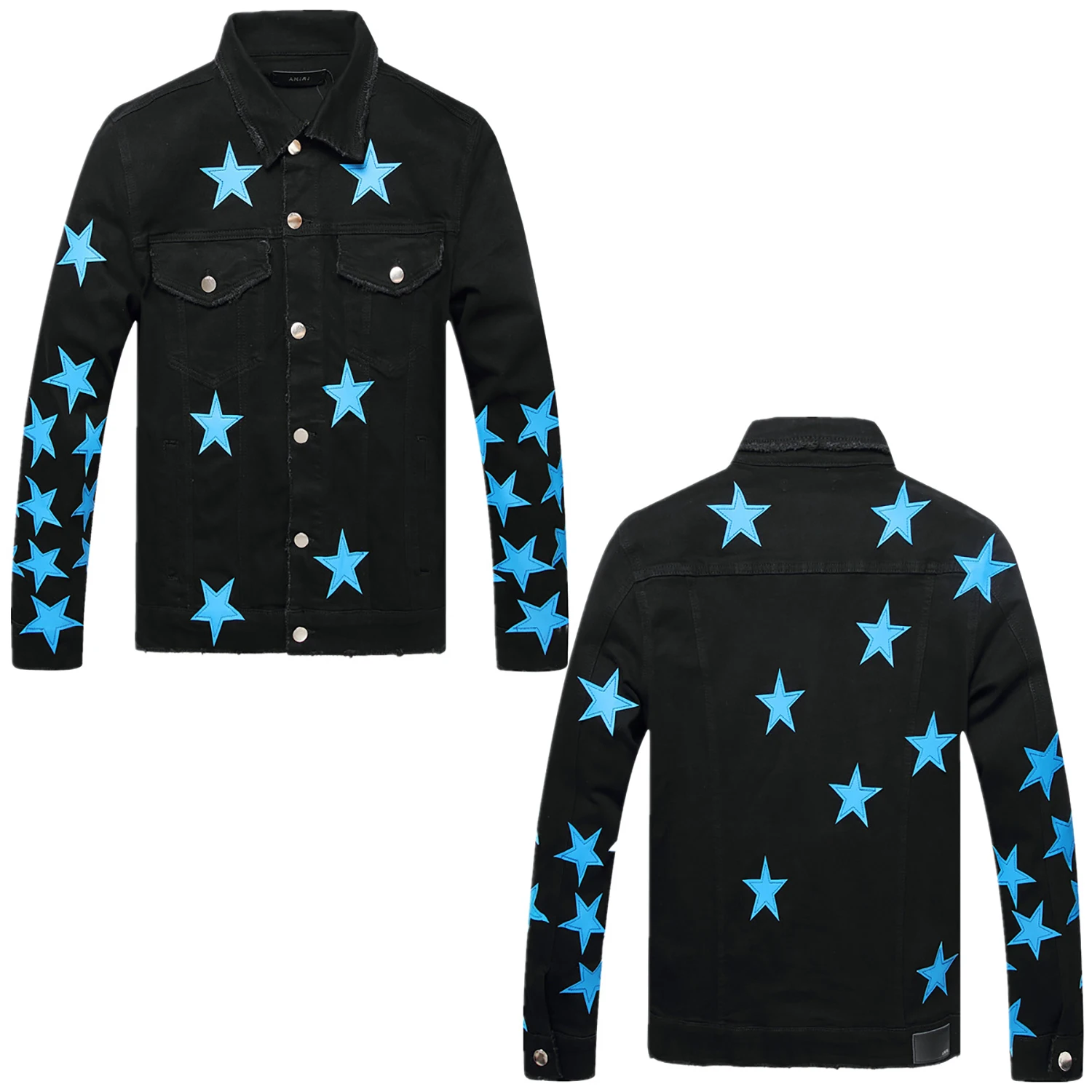 

Luxury Light Men’s Classic Style Denim Coat,Color Contrast Stars Decors Black Jackets,Hard Wash Street Fashion Sexy Denim Jacket