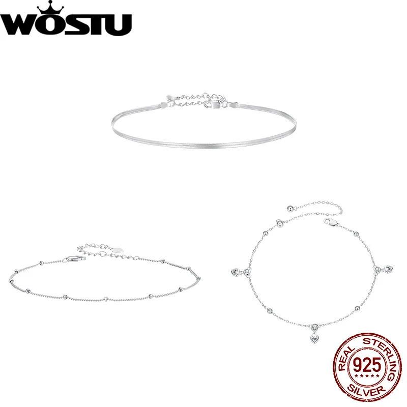 WOSTU Original 925 Sterling Silver Simple Animal Snake Anklet Adjustable Chain White Gold For Women Party Gift Fine Jewlery