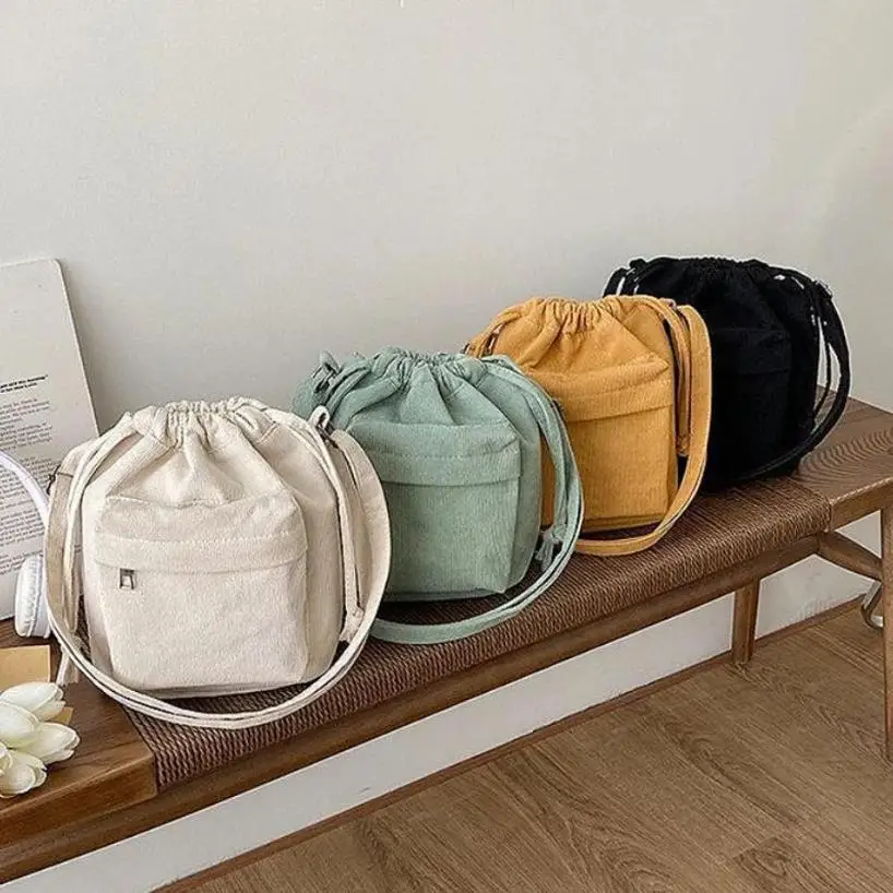 1 Pcs New Corduroy Women's Bag Crossbody Bag Korean Version Trendy Student Bucket Drawstring Single Shoulder Women's Bag