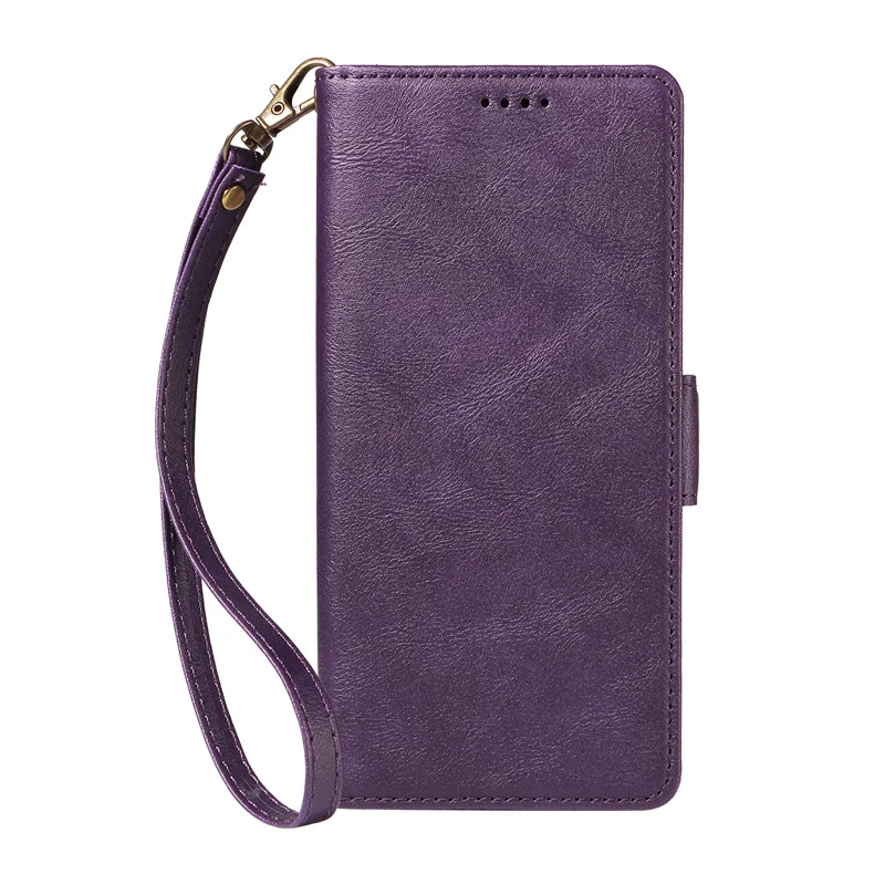 Leather Wallet Case with Side Clasp and Strap - Stylish Back Cover