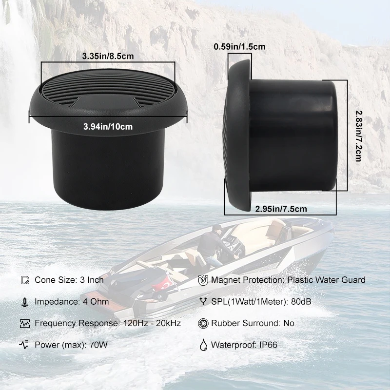 GUZARE MARINE Speakers Boat IP66 Waterproof 70Watts/Per 2 Way L & R Sound Channels，2Pcs for UTV ATV RVs