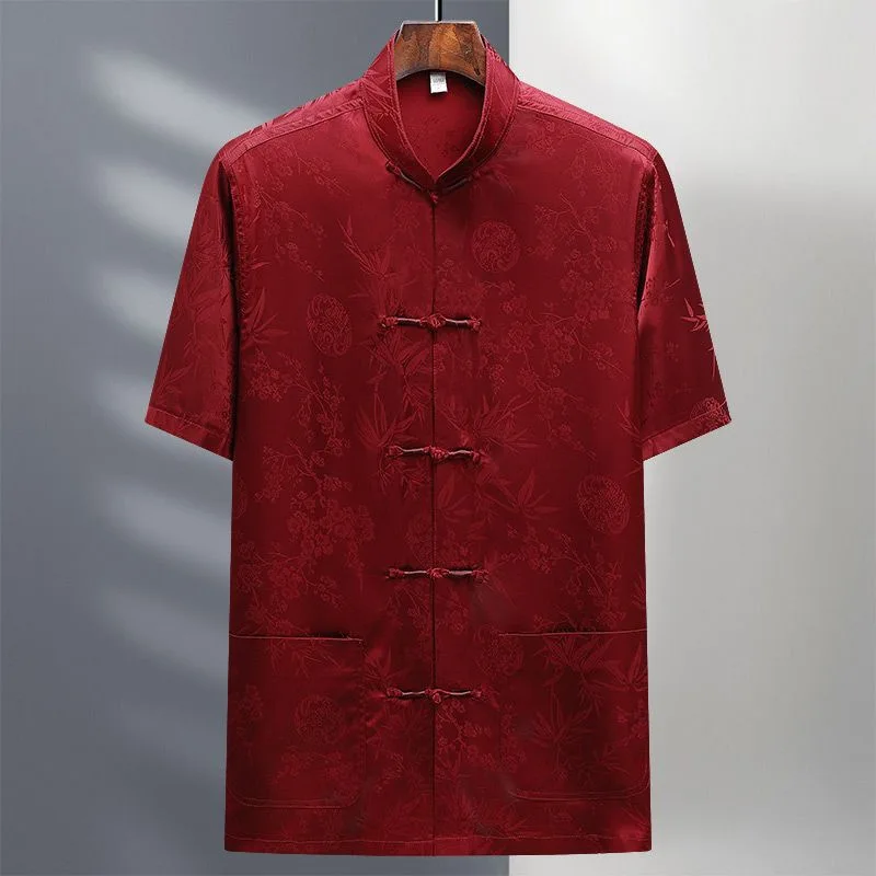 

Yourqipao Summer Short-sleeved Ice Silk Shirt Tang Suit Casual Loose Jacket Chinese Style Red Tops Retro Grandpa Hanfu for Men