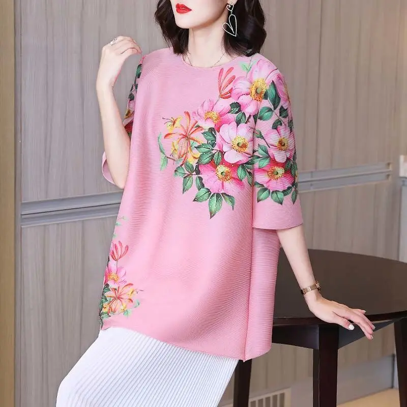 

Summer Pink Pleated Print T Shirt Top Female 2023 New Three Quarter Sleeves O Neck Reduced Age Loose T-shirt Female Tops