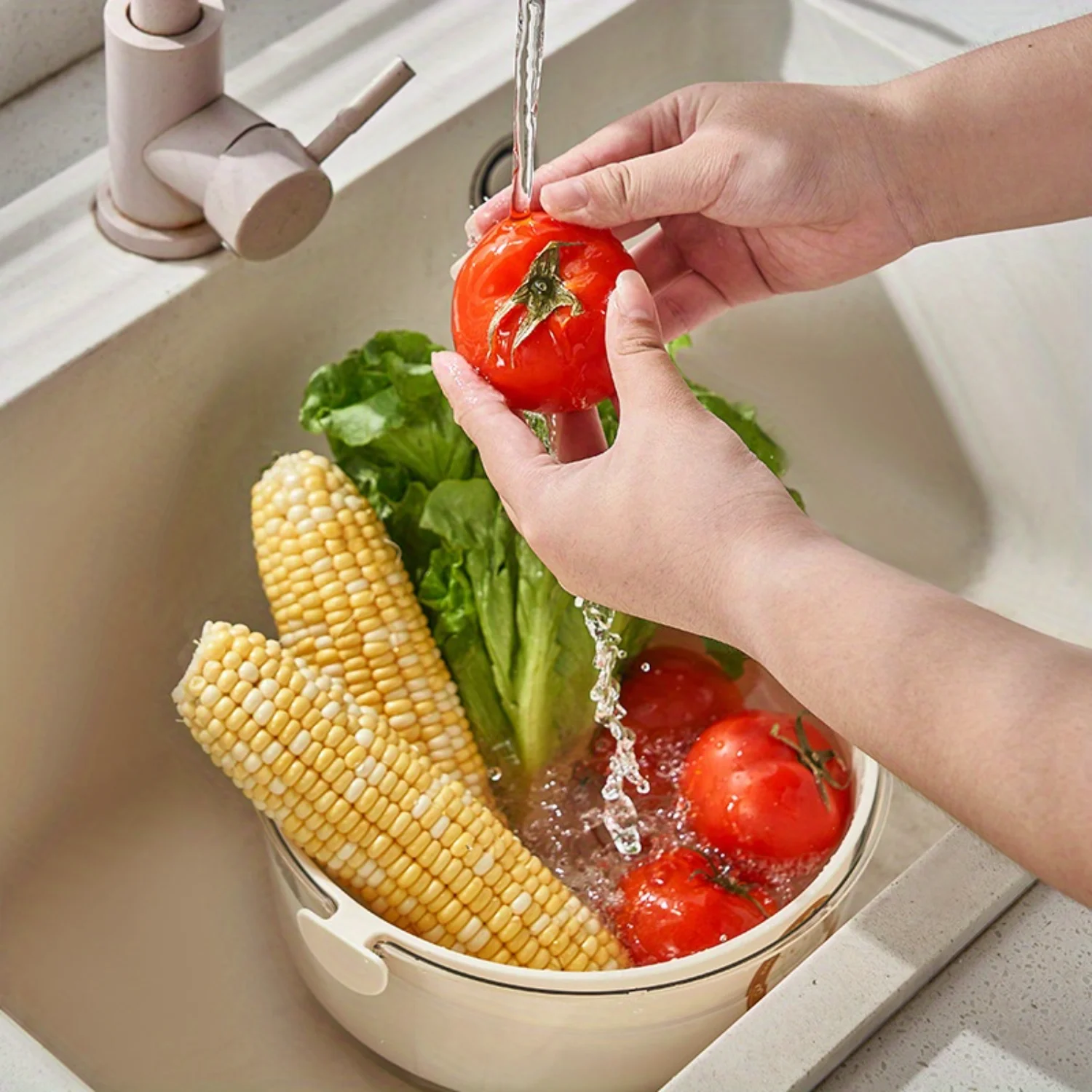 1pc Printing Drain Basket, Vegetable Basket, Double-decker Drain Ad Plastic Fruit Kitch