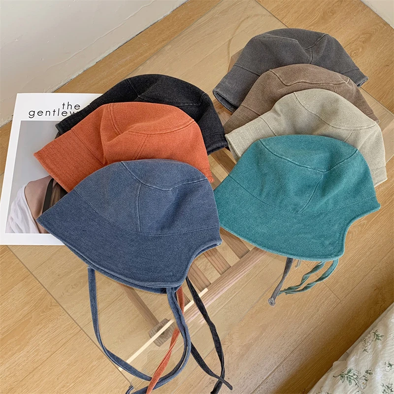 

Ins Korean Lace-up Bucket Hat Notched Design Solid Color Fisherman's Cap 2023 Spring and Summer Sunshade Basin Hats for Women
