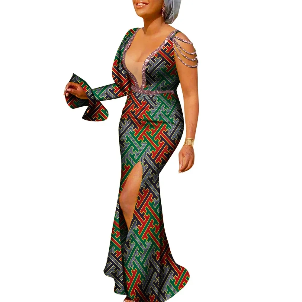 Dashiki Party Dresses Fashion African Women Boubou Ankara Print V-neck Maxi Long Split Dresses Sexy African Clothing WY8464