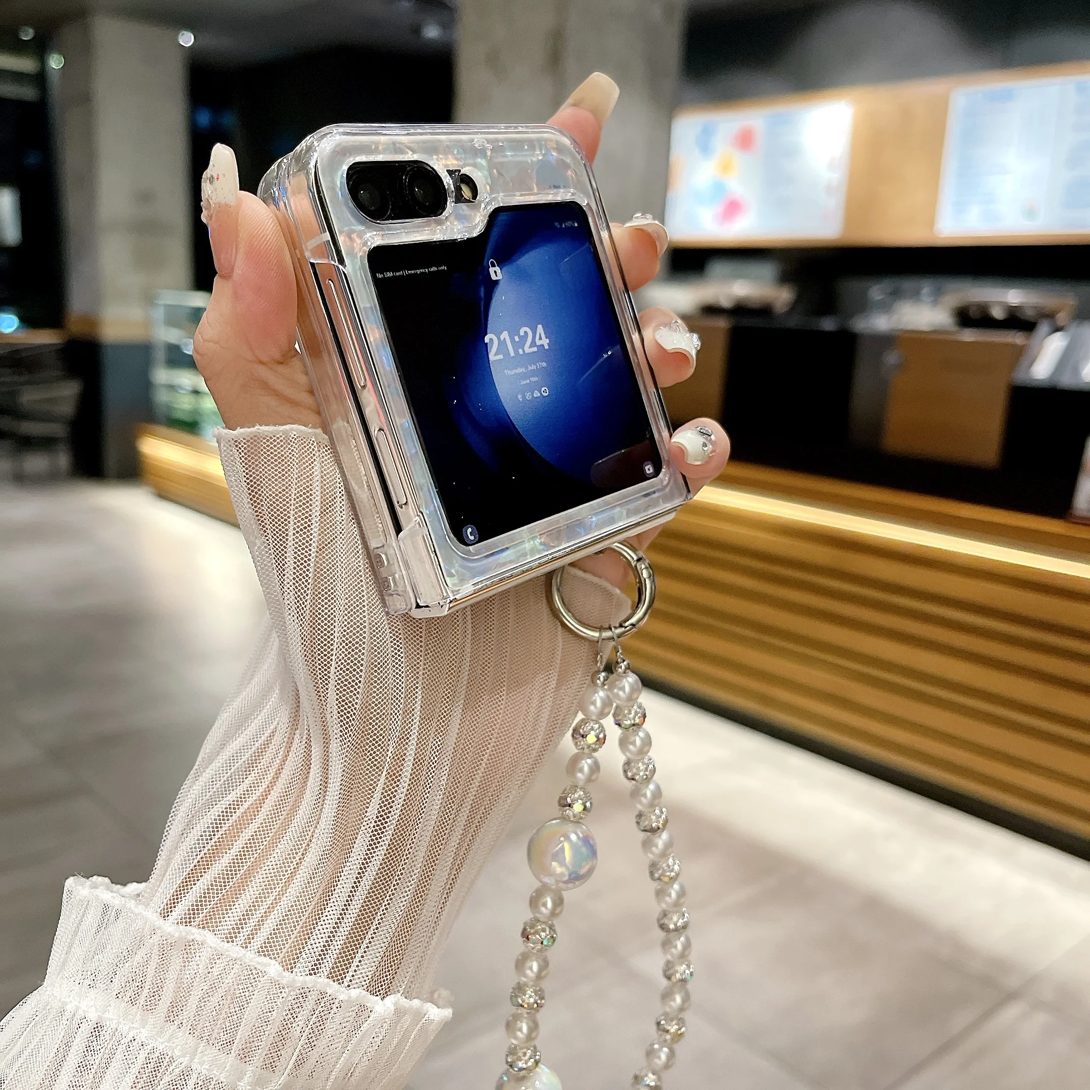 Für Samsung Galaxy Z Flip 3 4 5 6 Mode Shell Herz Perle Kette Telefon Fall Abdeckung_voghion.com