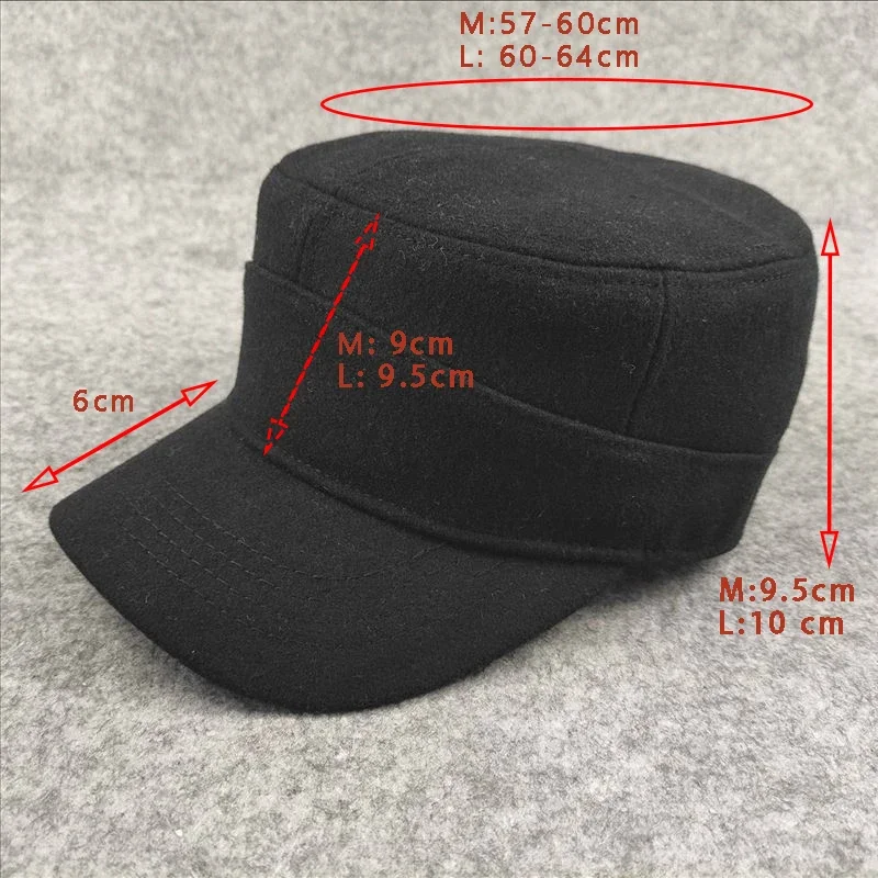 Plus Size Dad Winter Back Closed Felt Flat Top Cap Old Man Outdoors Keep Warm Fitted Military Hat Big Size Men Wool Caps