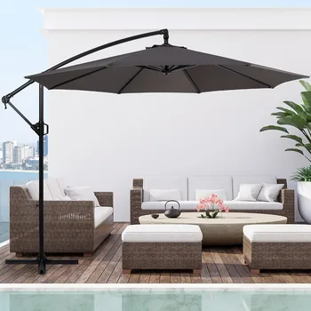 Patio Offset Umbrella w/Easy Tilt Adjustment,Crank and Cross Base, Outdoor Cantilever Hanging Umbrella with 8 Ribs, 95% UV 1