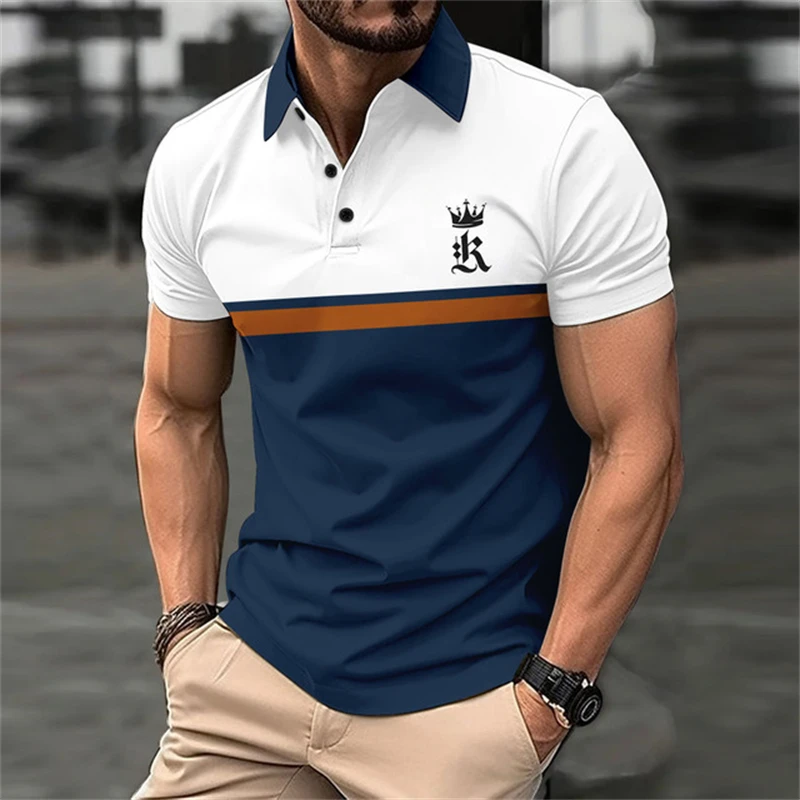 Funny Letter Print Polo T Shirt For Men Summer Casual Lapel Button Blouse Fashion Contrasting Colors Patchwork Short_voghion.com