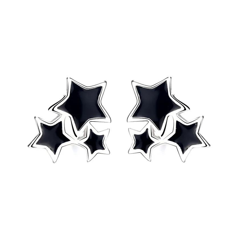 

925 Sterling Silver Stud Earrings Pentagram Star Stitching Black Enamel Ear Hooks Women's Fashion Jewelry Couples Holiday Gift