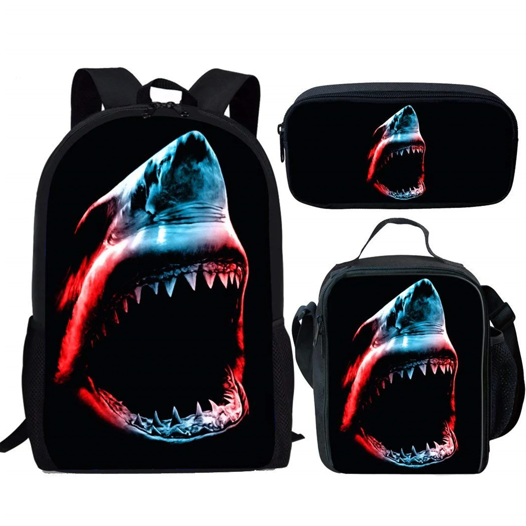 Shark Design 3Pcs School Bags Set for Teen Boys Girls Schoolbag Casual Backpack for Students Bookbag Large Capacity Backpack