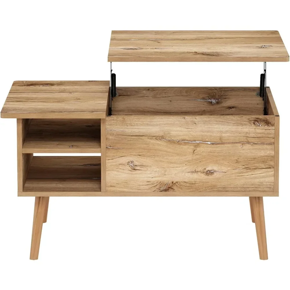 Wooden leg-raised top coffee table with hidden compartment and side-open living room storage shelves 3
