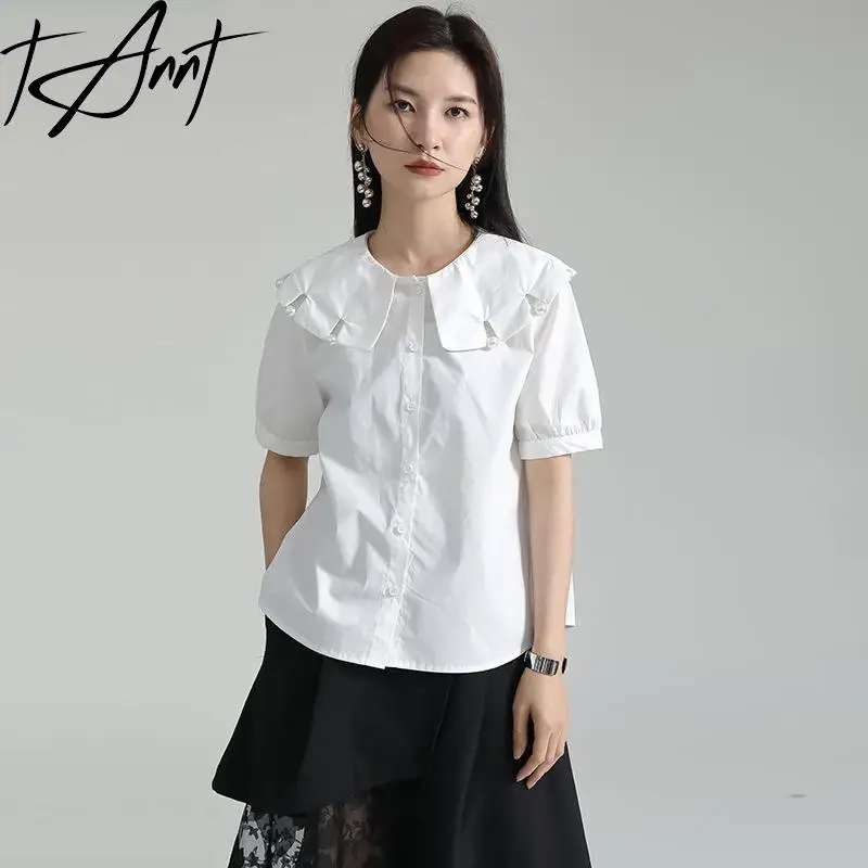 

Tannt Women Shirt Puff Sleeve Peter Pan Collar Cotton Casual Shirts Blouses Short Sleeves Black White Fashion Blouses Tops 2024