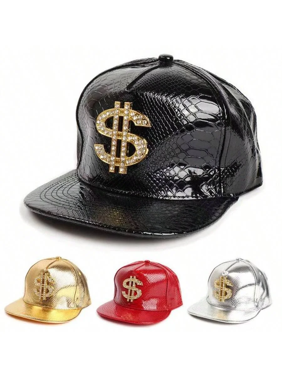 Cool Hippie Flat Brim Baseball Cap, Rhinestone Golden Dollar Sign Punk Trucker Hat, Snapback Hat for Casual Leisure Outdoor Spor 6