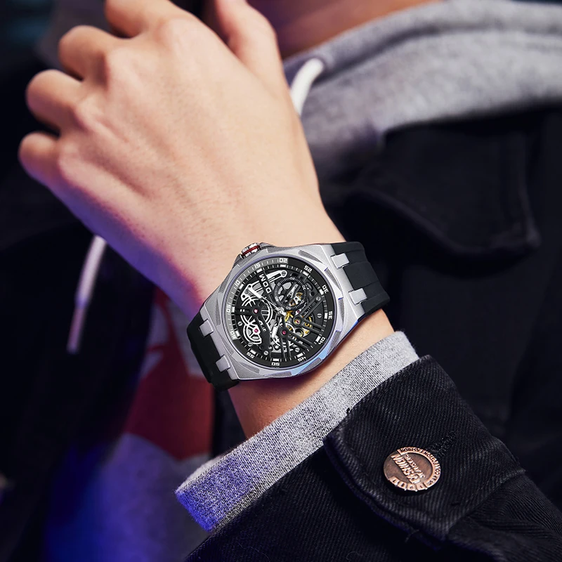 DOM Mechanical Automatic Watch Leisure Business High Luxury High quality Silicone strap men's watch Men's Mechanical watchSilver