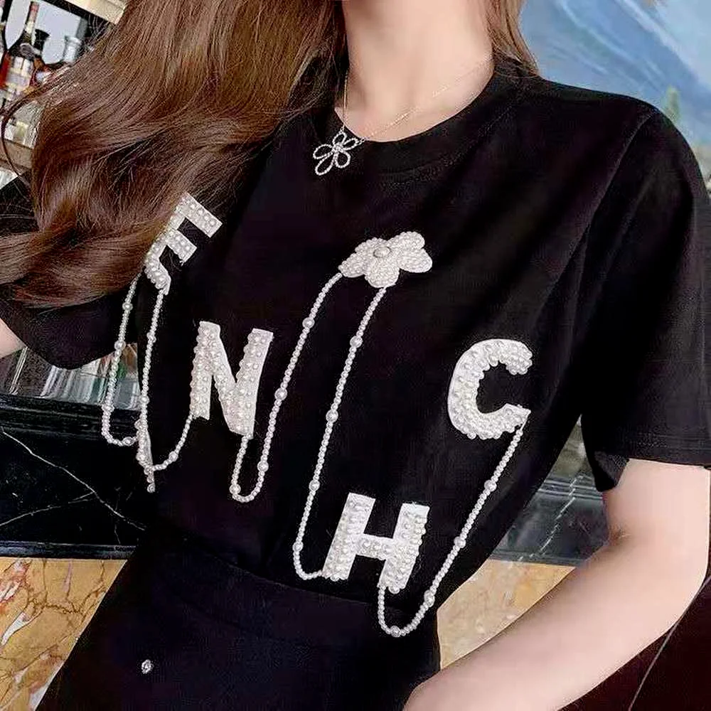 Camisetas de algodón para con letras bordadas con perlas, con diamantes imitación, de manga corta, 2022 - AliExpress Ropa de mujer