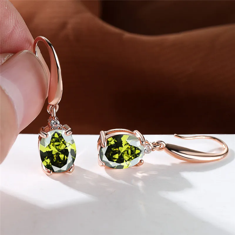 Aqua Blue Zircon Long Dangle Earrings Rainbow Crystal Oval Stone Drop Earrings Trendy Rose Gold Color Wedding Earrings For Women