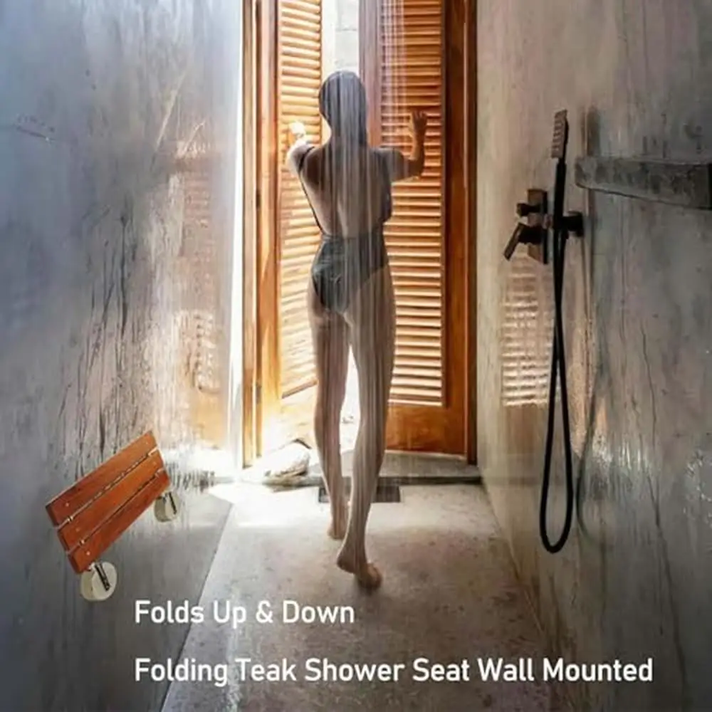 20 Inch Brushed Teak Wall Mounted Fold Down Shower Bench 330lbs Load ADA Compliant Home Care Seat 4
