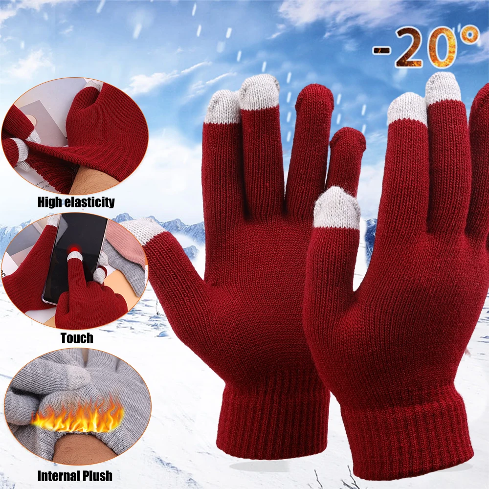 Autumn Winter Thicken Warm Gloves For Women Men Touchscreen Knitted Wool Mittens Fashion Adult Students Hand Warmer Chic Gloves