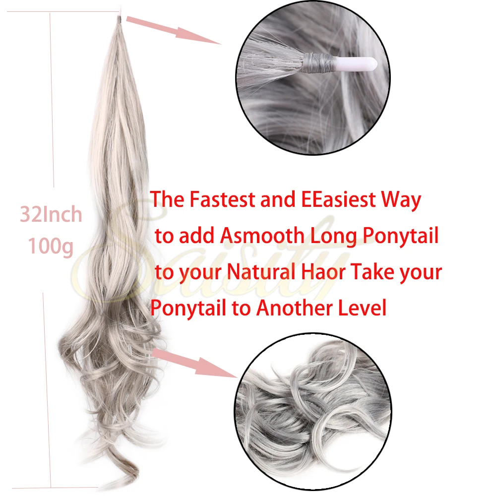 Saisity Ombre Synthetic 32Inches Long Layered Ponytail Available Mixed Color Curly Flexible Ponytail Wrap Around Hairpieces